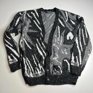 90s Vintage Scandia Cardigan Sweater USA Made Black Gray Pattern Button Front